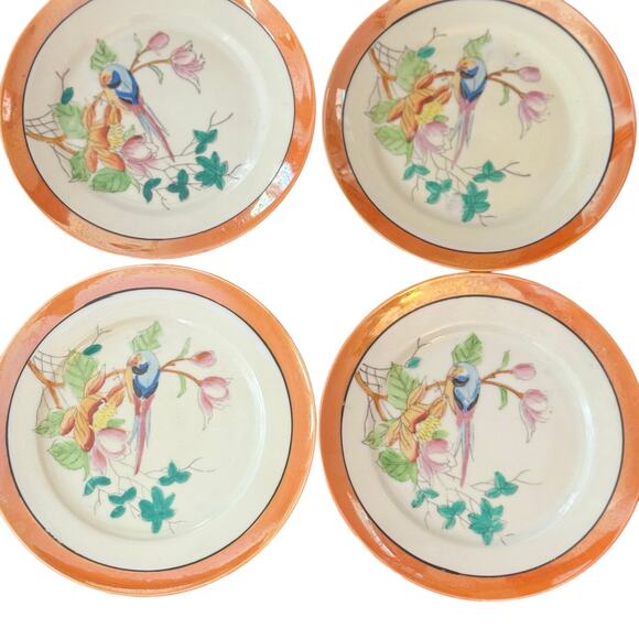 Vintage Chikaramachi Japan Bird Plates | Set of 4 Copper Rim Dessert Plates - Picture 1 of 5